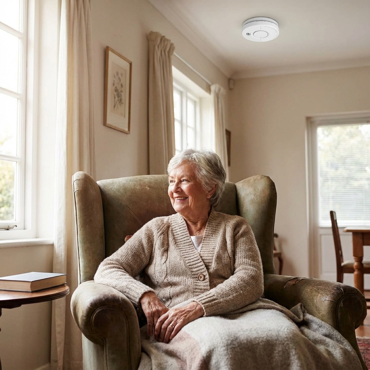 Elderly woman sitting comfortably in her home with VayyarCare device on ceiling